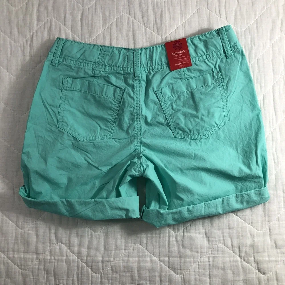 SO Shorts Girls 12 Aqua Blue Utility‎ Bermuda Cuffed Adjustable Waist Mid Rise